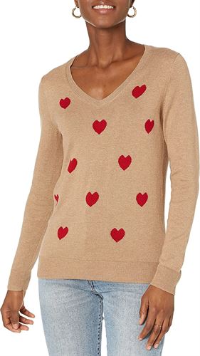 Amazon Essentials Women's Classic-Fit Lightweight Long-Sleeve V-Neck Sweater, Red, Hearts, Large