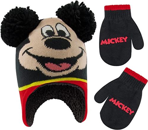 Disney Boy's Winter Hat Set, Micky Mouse Toddler Beanie and Mitten for Kids Aged 2-4, Black/Red, One Size