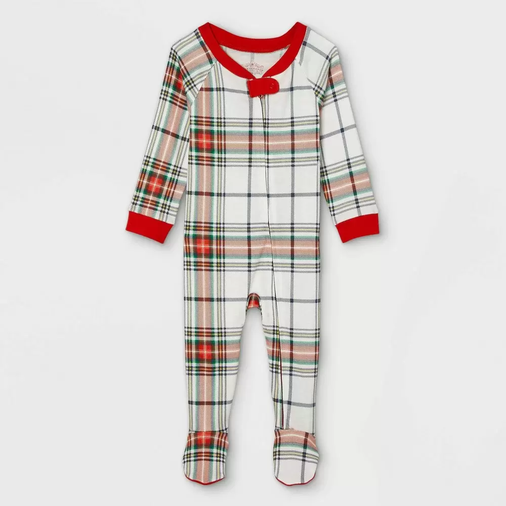 Baby Holiday Plaid Flannel Matching Family Footed Pajama - Wondershop White 6-9M