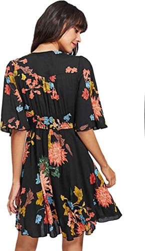 Milumia Womens Vintage Boho Button Up Split Floral Print Flowy Party Dress