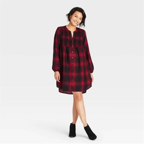 Women's Long Sleeve Button-Front Dress - Knox Rose Red Plaid S