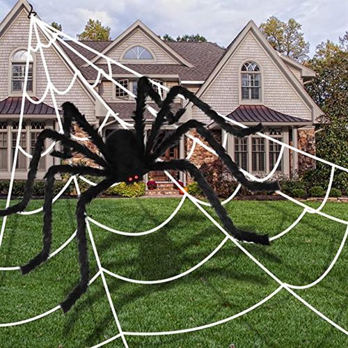 Aitbay 80'' Halloween Giant Spider Decorations with 200‘’ Halloween Spider Web, Fake Scary Hairy Spiders Props for Halloween Decorations Indoor Outdoor Halloween Decor Yard Party Supplies Decoration