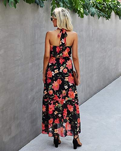PRETTYGARDEN Women’s Casual Halter Neck Sleeveless Floral Long Maxi Dress Backless Loose Ruffle Sundress with Belt (Floral Orange, X-Large)