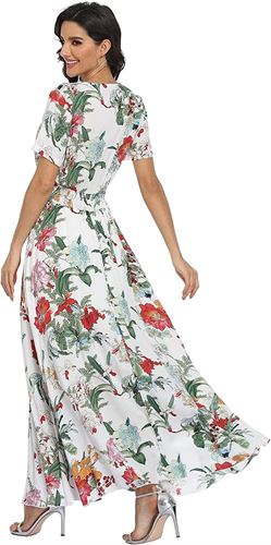VintageClothing Women's Floral Print Maxi Dresses Boho Button Up Split Beach Party Dress
