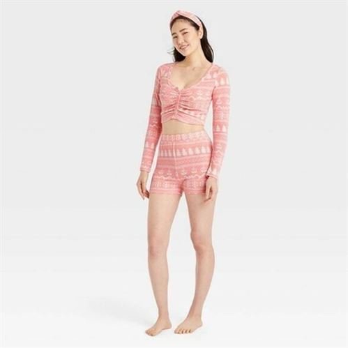 Colsie Womens XL Crop Top Shorts & Headband Pajama Set Pink Winter Print