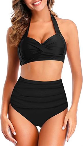 Adisputent Womens High Waisted Bikini Push Up Vintage Swimsuits Halter Top Tummy Control Ruched Bottom Two Piece Bathing Suits