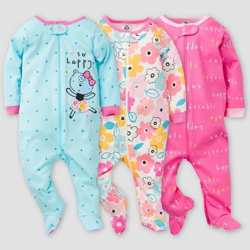 Gerber Baby Girls’ 3pk Bear Sleep N’ Play – Pink/Blue
