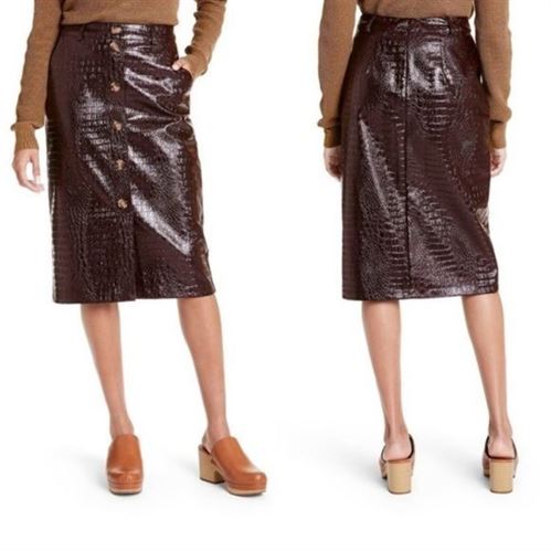 Rachel Comey  Brown Faux Crocodile Leather Textured Pencil Skirt