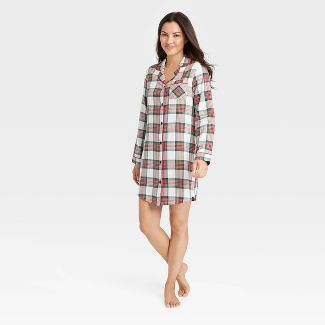 Women's Holiday Tartan Plaid Flannel Matching Family Pajama NightGown - Wondershop™ Cream