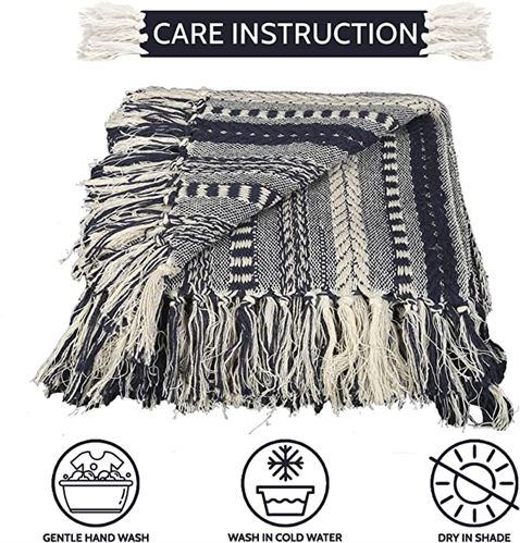 Cotton Braided Striped Throw Blanket - 127 × 152 cm  Soft Cozy Navy Blue Blankets with Decorative Tassels for Sofa Couch Chair Bed and Home Decor