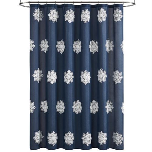 Better Homes and Gardens BLUE EMBROIDERED MEDALLION Shower Curtain NAVY Fabric