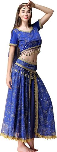 Belly Dance Costume Bollywood Dress - Halloween Chiffon Dance Outfit Costumes with Head Veil for Women