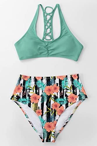 CUPSHE Women's High Waisted Bikini Floral Lace Up Two Piece Swimsuits