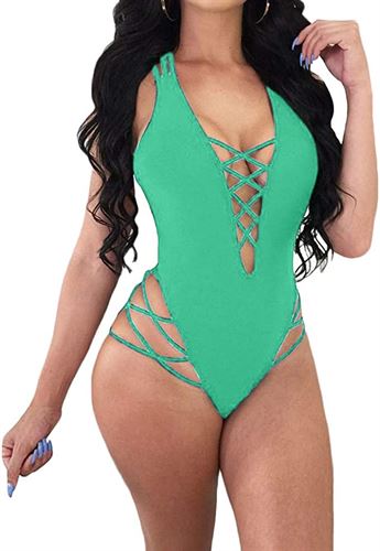 lisenraIn Women Sexy One-Piece Swimsuit Lace Up Strappy Deep V Neck Backless Monokini Bathing Suit