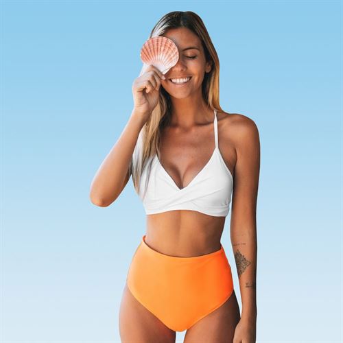 Women's Solid White Bikini with Orange High Waisted Bottom - Cupshe