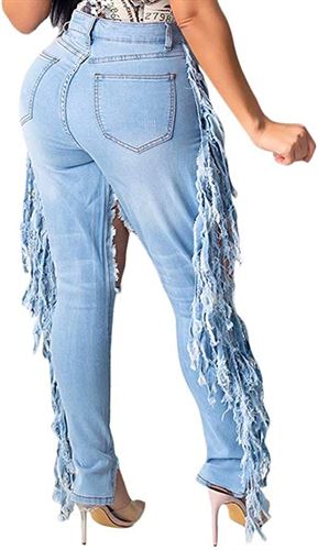 LROSEY Women's Destroyed Ripped Cut Out Denim Fringe Flare Jeans Pants Plus