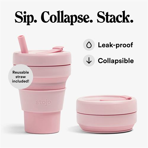 Stojo 373.2 g Silicone Collapsible Cup with Straw Pink