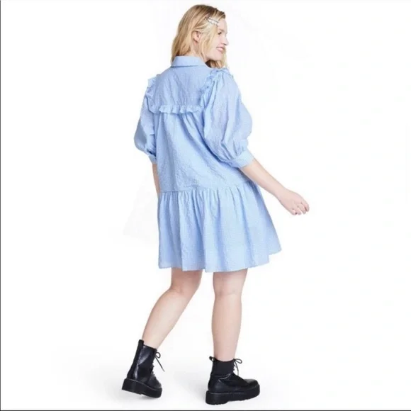Women's Gingham 3/4 Sleeve Shirtdress - Sandy Liang Blue