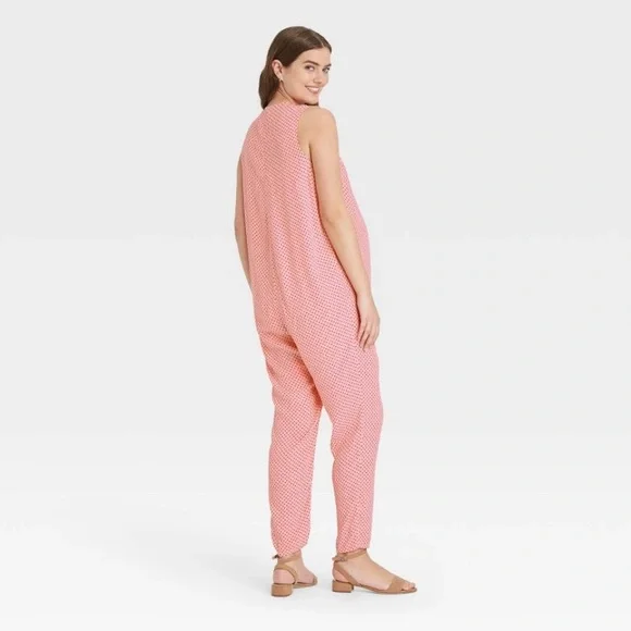 The Nines by HATCH Sleeveless Crepe Button-Front Maternity Jumpsuit Pink Polka Dot M