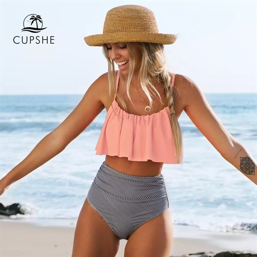 CUPSHE Pink and Stripe High Waisted Bikini Sets Sexy