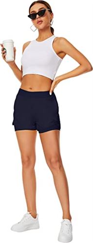Custer's Night Women's Running Short Workout Athletic Jogging Shorts 2-in-1 - Navy Blue