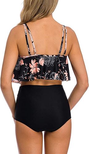 Women's High Neck Two Piece Bathing Suits Top Ruffled High Waist Swimsuit Tankini Bikini Sets