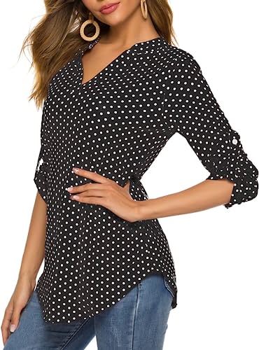 Halife Women's Roll Up 3/4 Sleeve Floral Print V Neck Tunic Blouses Tops Shirts