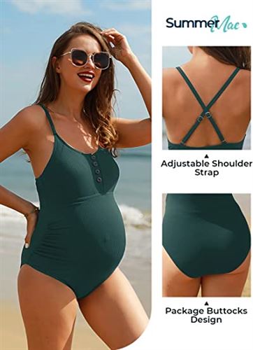Summer Mae Maternity Swimsuit One Piece Bathing Suit Button Neck Cross Back