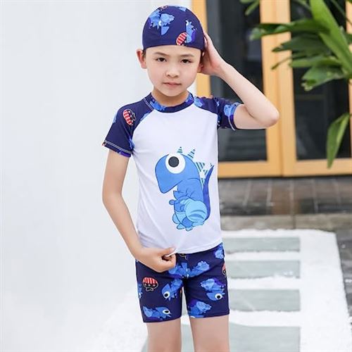 Little Boy Adorable Dinosaur Print 3-piece Beach Swimsuit Child Boys' Summer Swim Shirt with Shorts Cap
