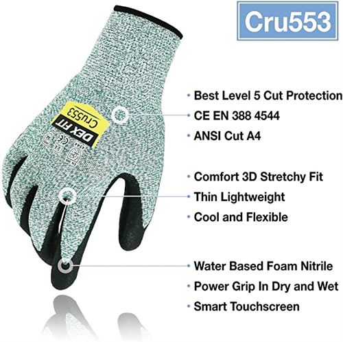 DEX FIT Level 5 Cut Resistant Gloves Cru553, 3D Comfort Stretch Fit, Power Grip, Durable, Thin, Touchscreen, Washable, Green XS (6) 1 Pair