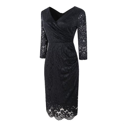 Winter Fashion Women V-Neck Solid Vintage Elegant Midi Evening Dress 3/4 Sleeves Dress