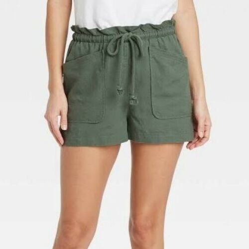Universal Thread Shorts Womens XS Olive Green Linen Blend Pull On Utility Tie