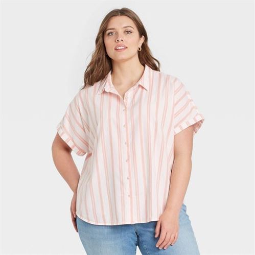 Women's Plus Size Striped Dolman Short Sleeve Button-Down Shirt