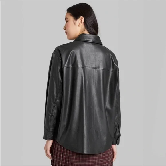 Women's Button-Front Faux Leather Shirt Jacket - Wild Fable Black M
