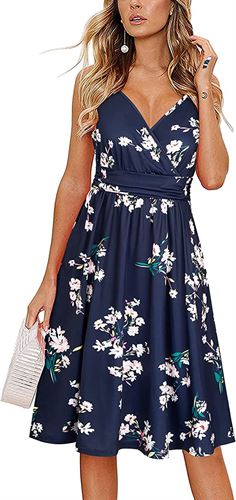 GOOTUCH Women's V Neck Dresses Adjustable Spaghetti Strap Floral Casual Beach Party Swing Dress with Pockets
