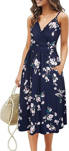 GOOTUCH Women's V Neck Dresses Adjustable Spaghetti Strap Floral Casual Beach Party Swing Dress with Pockets