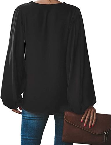 BELONGSCI Women's Casual Sweet & Cute Loose Shirt Balloon Sleeve V-Neck Blouse Top