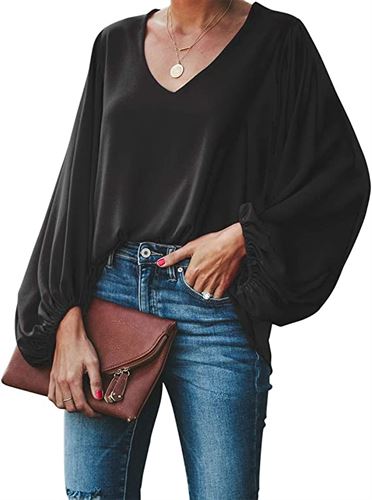 BELONGSCI Women's Casual Sweet & Cute Loose Shirt Balloon Sleeve V-Neck Blouse Top