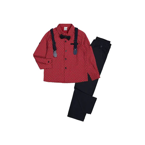 Boy's Set Consisting Of A Dotted Shirt, Bow, Pants And Suspenders - Red