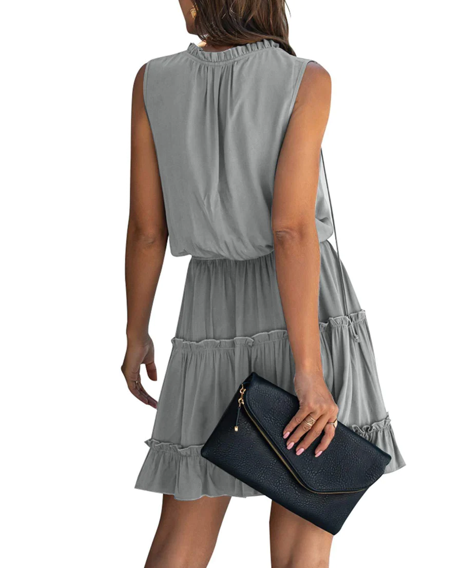 Summer V Neck Solid Sleeveless Frill Trim A-line Tiered Dress