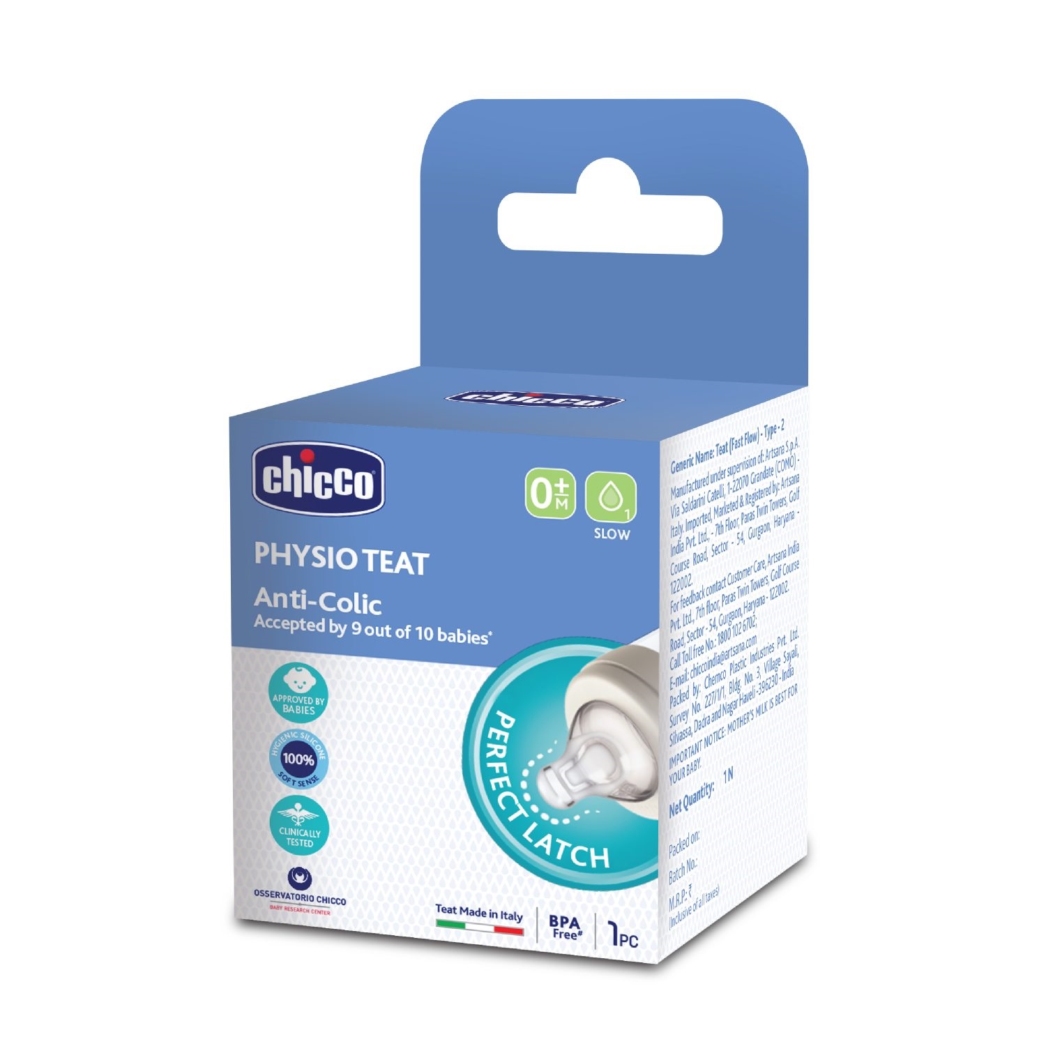Chicco Physio Teat Anti-Colic Silicone Nipple Food Flow 0m +, 2 pieces