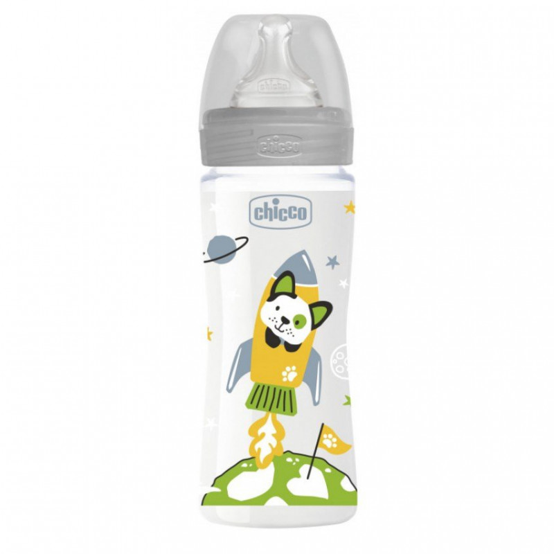 Chicco Well Being Plastic Baby Bottle With Fast Flow Silicone Nipple - Grey