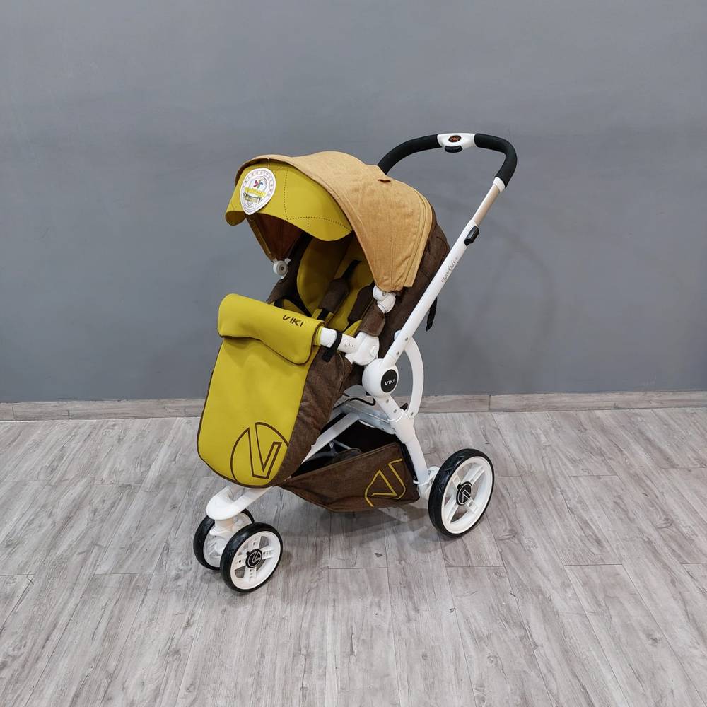 Foldable Stroller With Convertible Blanket And Footmuff in Brown & Yellow color