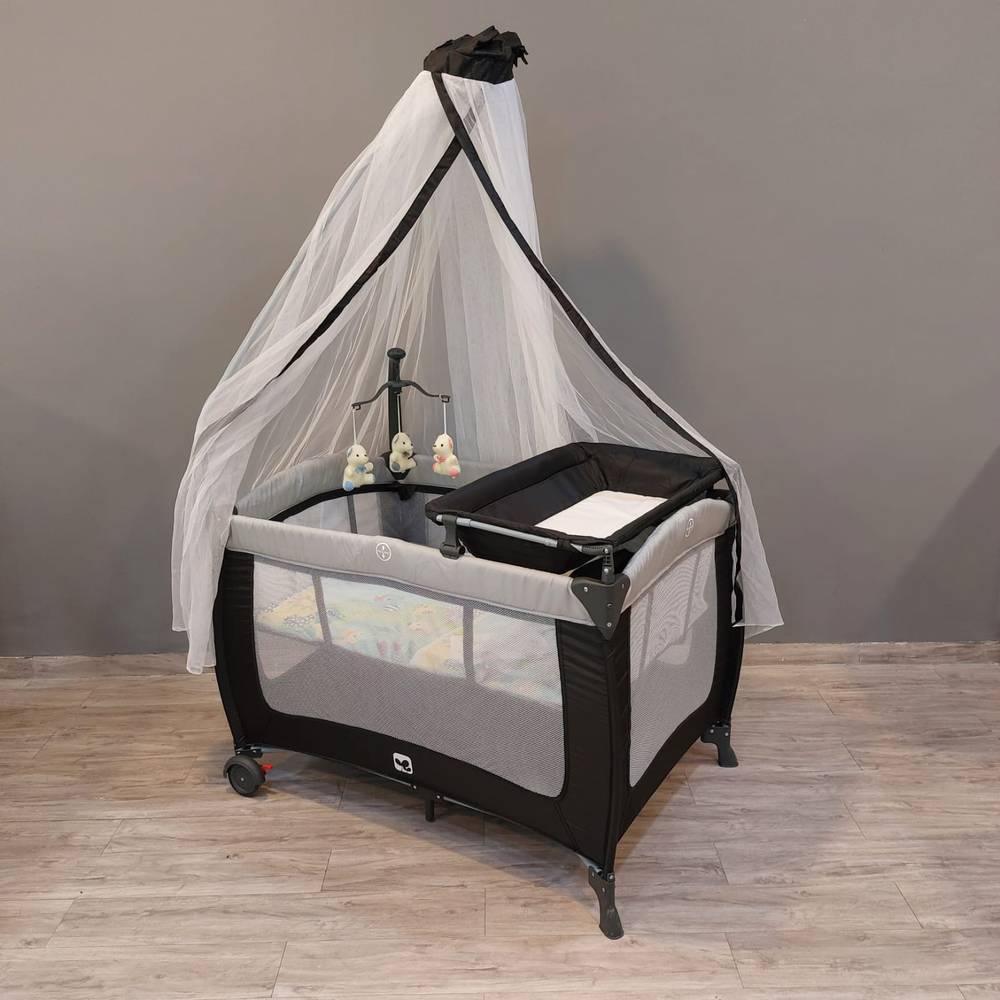 Baby Bed With Mosquito Net, Changing Cover And Hanging Toys, in black and gray.