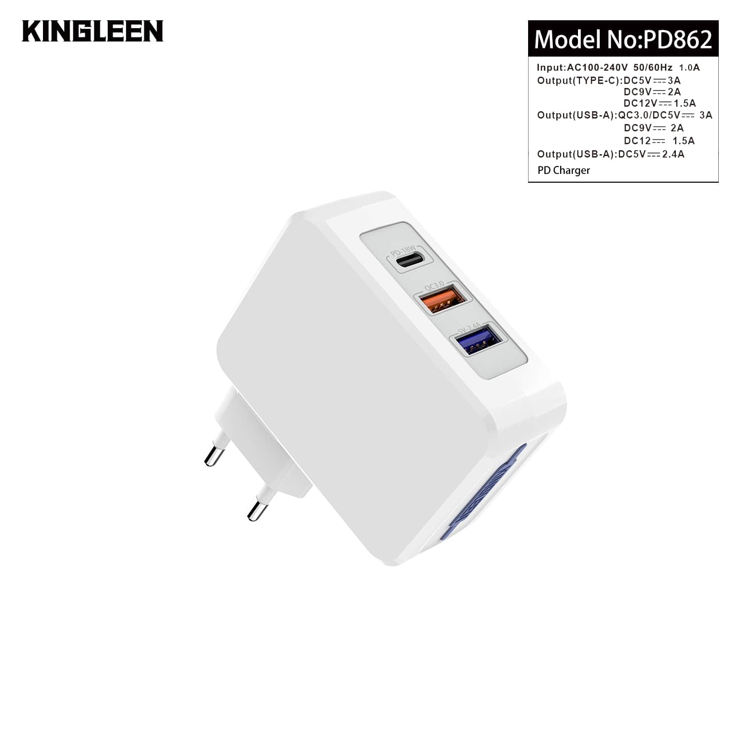 KINGLEEN HOME CHARGER PD862 - PD18W+QC3.0+2.4A USB - 2021
