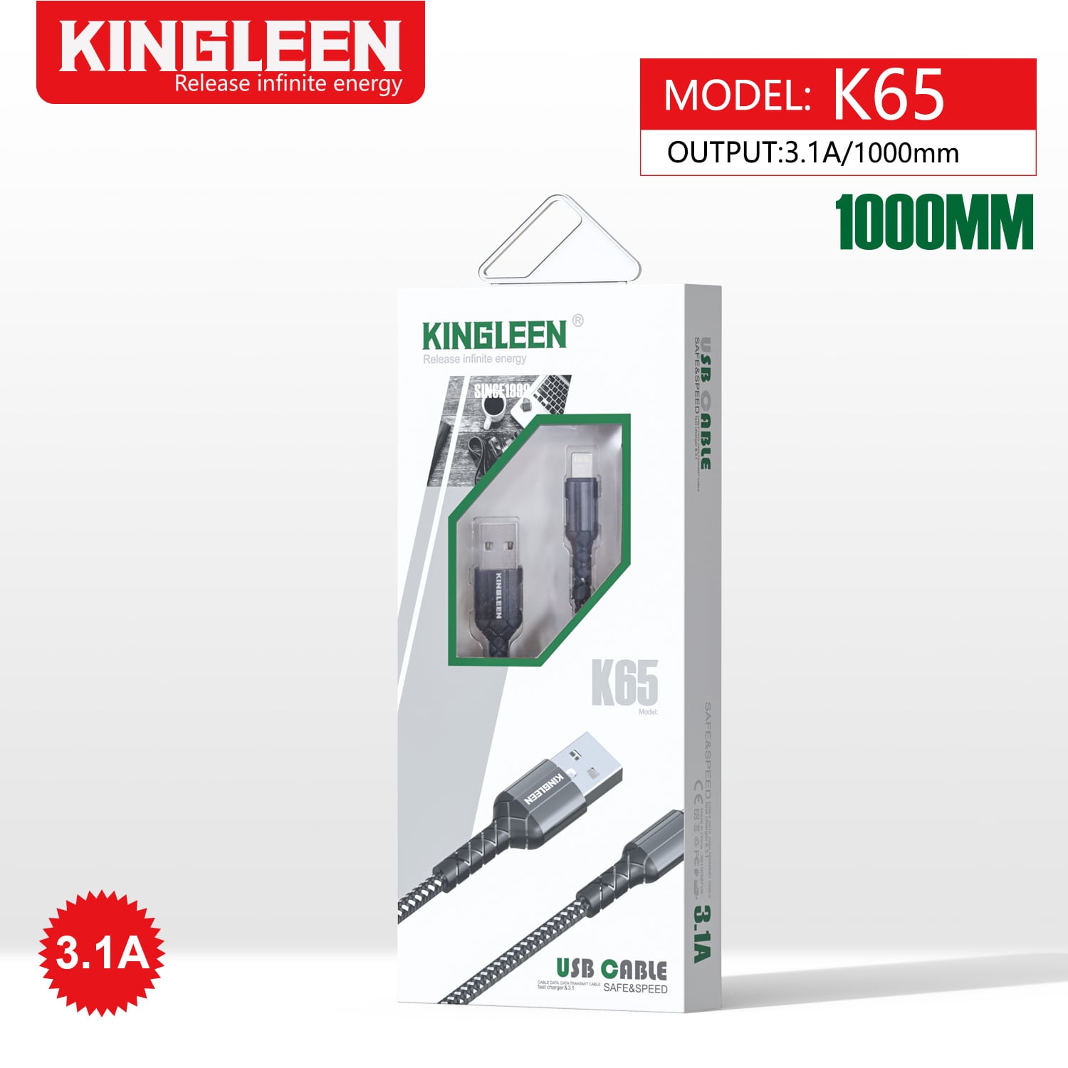 KINGLEEN Cable - K-65 - 3.1A - 1000mm IPH / Fast Charger