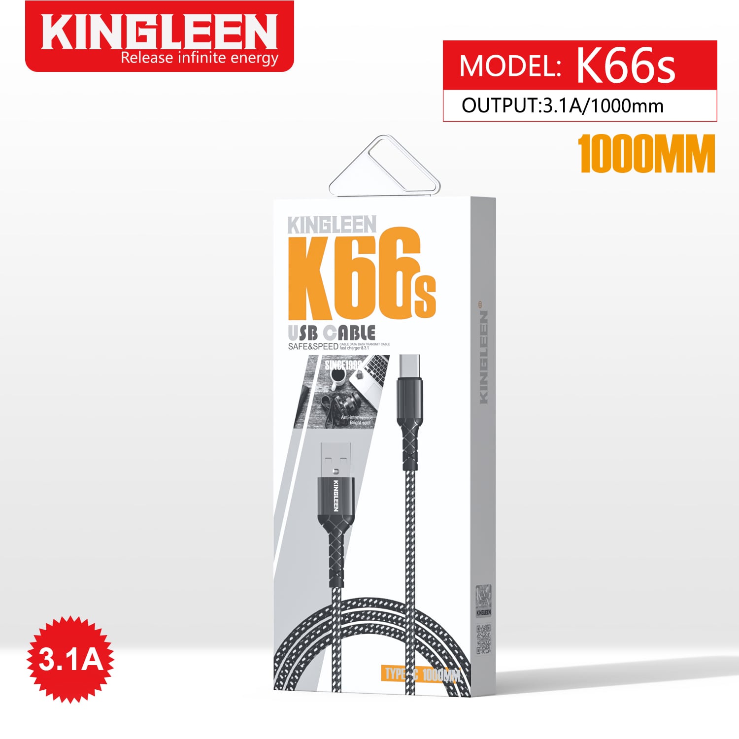 KINGLEEN Cable - K-66S - 3.1A -1000mm TYPE-C/ Fast Charger