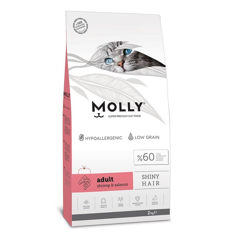 Molly Salmon Shrimp Low Grain Adult Cat Food - shiny hair 2 Kg