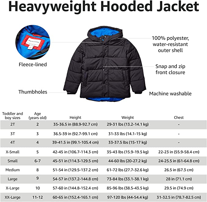 Amazon Essentials boys Heavy-weight Hooded Puffer Jackets Dress Coat (pack of 1)