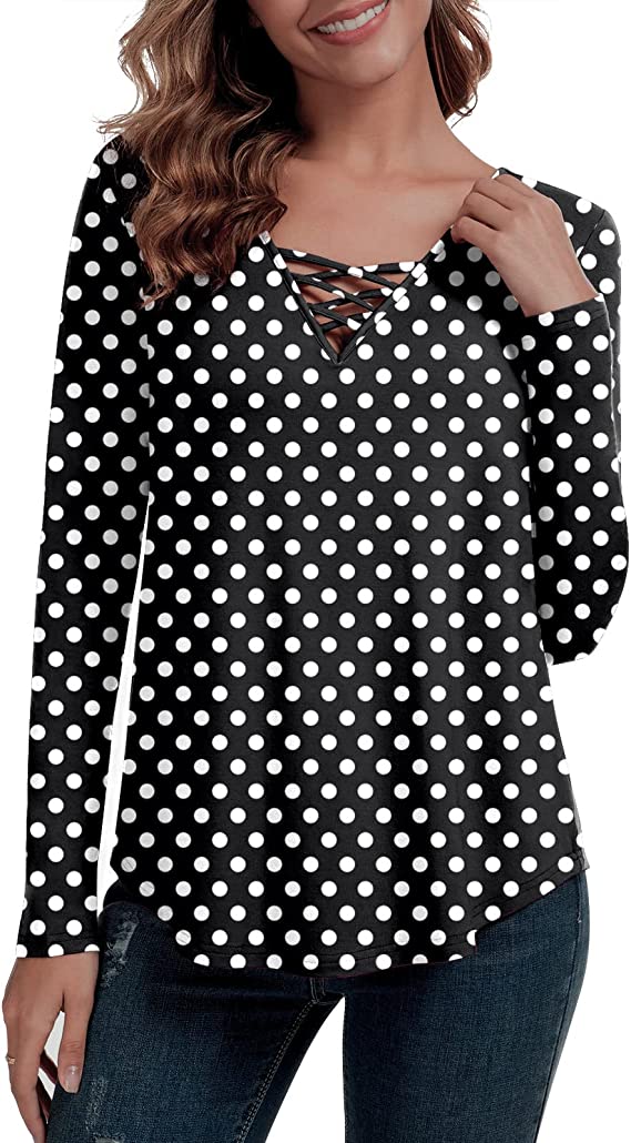 Feiersi Womens Casual Long Sleeve Criss Cross Tunic Tops Loose Blouse Shirt